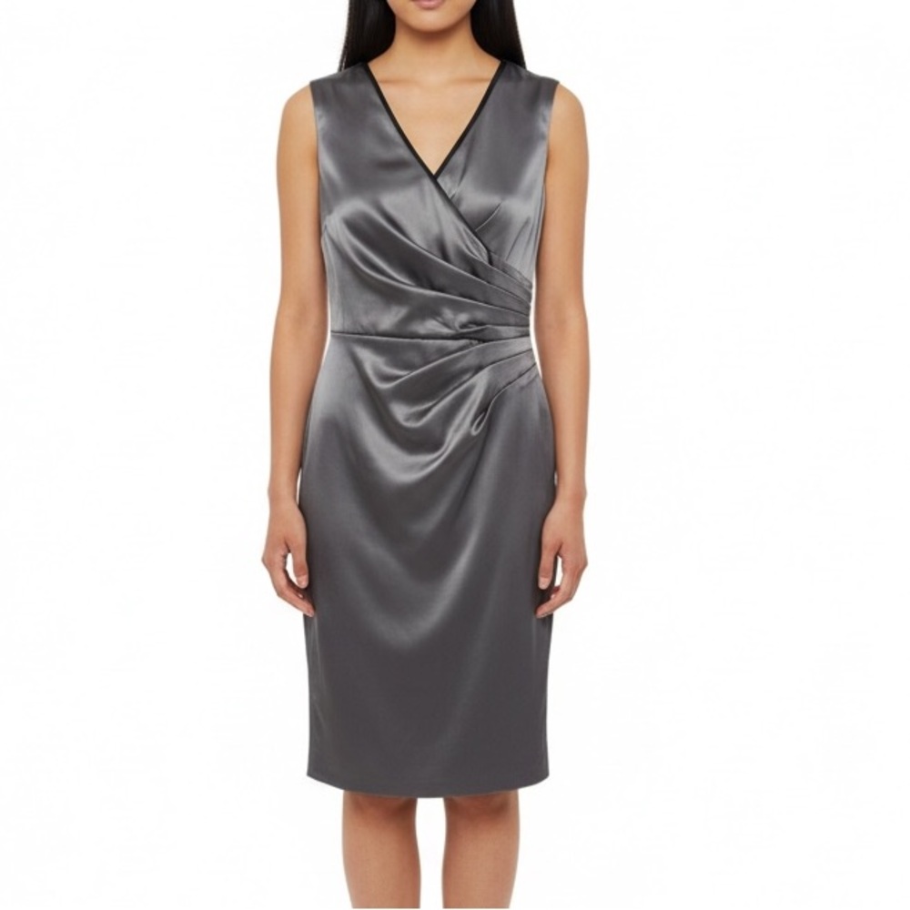 Le Chateau Shiny Silver Gray Ruched Side Lined Knee Length Dress Size S